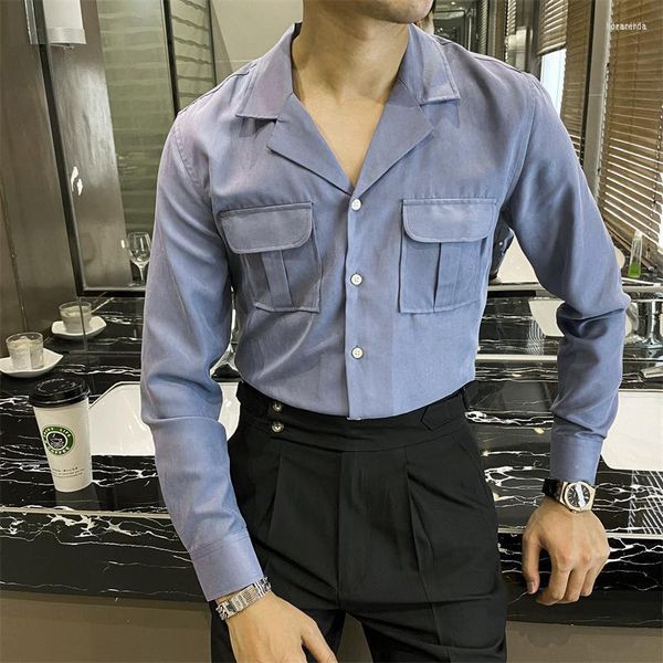 Camisas casuales para hombres Camisa para hombres Safari Hombres Blanco sólido Azul Hombres Cuba Collar Doble bolsillo Slim Fit Italiano Business Prom