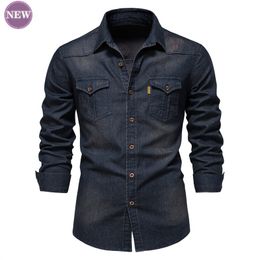 Casual shirts voor heren heren shirt trend denim niet ironerend shirt heren casual pure kleur strijken gratis heren met lange mouwen shirt 230223