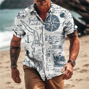 Chemises décontractées pour hommes Chemises pour hommes 2023 Sail Compass Mode d'été à manches courtes Chemises hawaïennes Homme Vintage Street Shirt pour hommes Top Vêtements masculins T231220