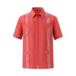 Chemises décontractées pour hommes Chemises cubaines Guayabera à manches courtes pour hommes Chemise mexicaine à fermeture éclair complète avec poche T-shirts à manches courtes pour hommes J240129