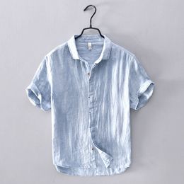 Chemises décontractées pour hommes Chemise en lin de haute qualité à manches courtes pour hommes, coupe ajustée japonaise, style d'affaires minimaliste décontracté, haut 230412