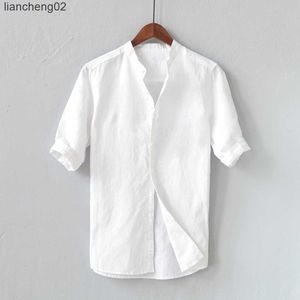 Camisas casuales para hombres Camisa blanca con cuello alto para hombres Camisas de manga corta básicas causales Botón Color sólido Ropa informal delgada Tops para hombres Camisas de verano Nuevo W0328