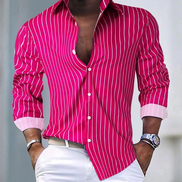 Chemises occasionnelles pour hommes Chemise à manches longues à rayures pour hommes pour homme Style Streetwear Rose Robe sociale Tenues masculines Club Party Bouton Top 231031