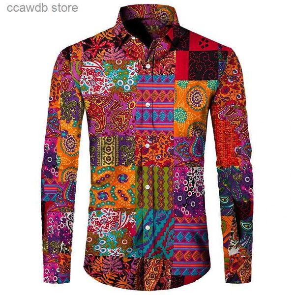 Camisas casuales para hombres Camisa abotonada con cuello vuelto con estampado de flores de anacardo y estilo vintage Paisley Tops de manga larga para hombre Fiesta de graduación Club Cardigan T240105