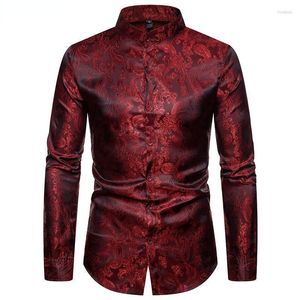 Mannen Casual Shirts Mannen Stijlvolle Wijn Rode Paisley Jacquard Jurk Mannen Stand Kraag Bruiloft Club Party Sociale Shirt mannelijke