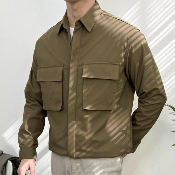 Camisas informales para hombre, camisa de Safari para hombre, ropa de calle blanca sólida, cuello de campamento de negocios italiano ajustado con doble bolsillo para hombre