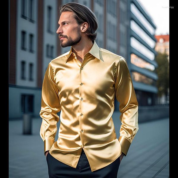 Chemises décontractées pour hommes Hommes Satin Marque Mens Robe De Luxe À Manches Longues Social Mâle Vêtements Chemise Homme Chemise S40