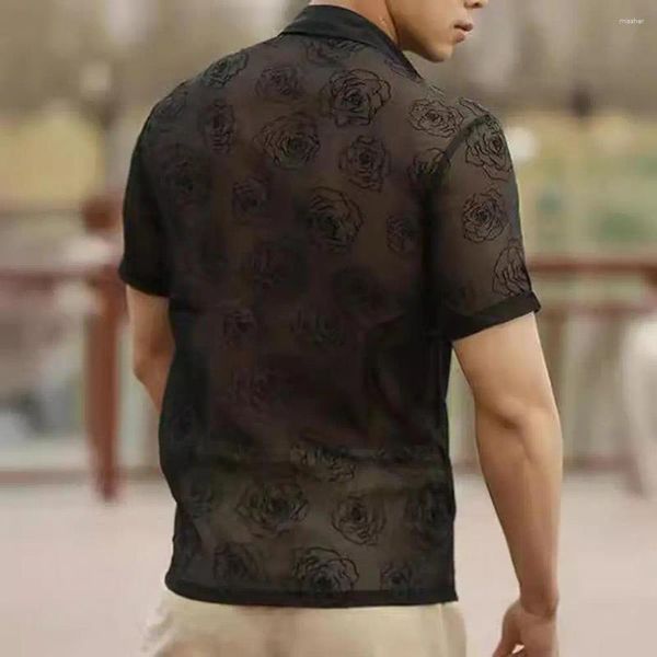 Camisas casuales para hombres para hombres de camisa floral transparente Patrón de rosa de maldito Mesh para vacaciones en la playa de mangas cortas transparentes