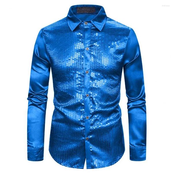 Camisas casuales para hombres Hombres Camisa de lentejuelas Colorida Raya Solapa Danza Slim Fit Manga larga Rendimiento Top para eventos de club brillante