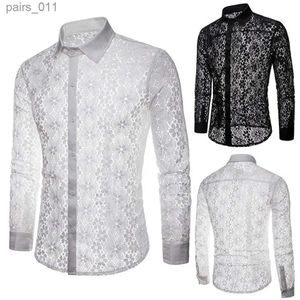 Casual shirts voor heren mannen sexy lange mouw stevige kleur kant zie door clubkleding button down shirt zacht en huidvriendelijk shirt 240402