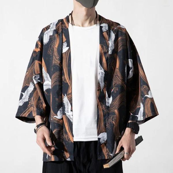 Chemises décontractées pour hommes chemises à oiseaux imprimé kimono style japonais de trois quarts manches samurai costume yukata vêtements asiatiques Cardigan Top tissu