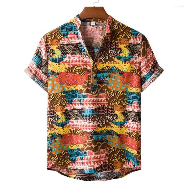 Camisas informales para hombres Camisa para hombres Bloque de color Cuello vuelto Mezcla de algodón hawaiano Camiseta de manga corta Ropa para hombres para la vida diaria