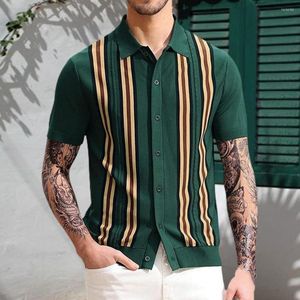 Chemises décontractées pour hommes Chemise pour hommes Contraste Couleur Simple boutonnage Manches courtes Col rabattu Rayé Imprimé Tricoté Hauts d'été Vêtements pour hommes