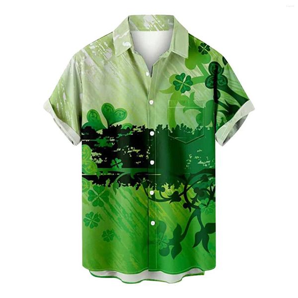 Chemises décontractées pour hommes Chemise pour hommes Green Tie Dye Clover Print Festivals irlandais à manches courtes Bouton de revers Poche avant Top Costume de plage d'été