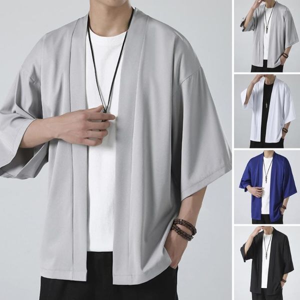 Heren Casual Shirts Heren Shirt Kimono Japanse Stijl Effen Kleur Samurai Kostuum Aziatische Kleding Driekwart Vest Jas