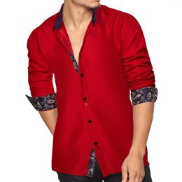 Camisas casuales para hombres Camisa para hombres Manga larga Rojo Sólido Azul Paisley Color Contraste Vestido de moda para cuello abotonado DiBanGu