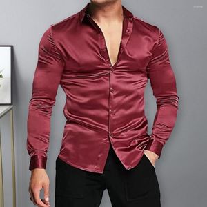 Casual shirts voor heren heren shirt satijn vaste kleur afslag kraag lange mouwen lange mouwen