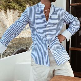 Chemises décontractées pour hommes Hommes Chemise Simple Rayé Cardigan Lâche Mode d'été À Manches Longues Simple Boutonnage Col Montant Haut