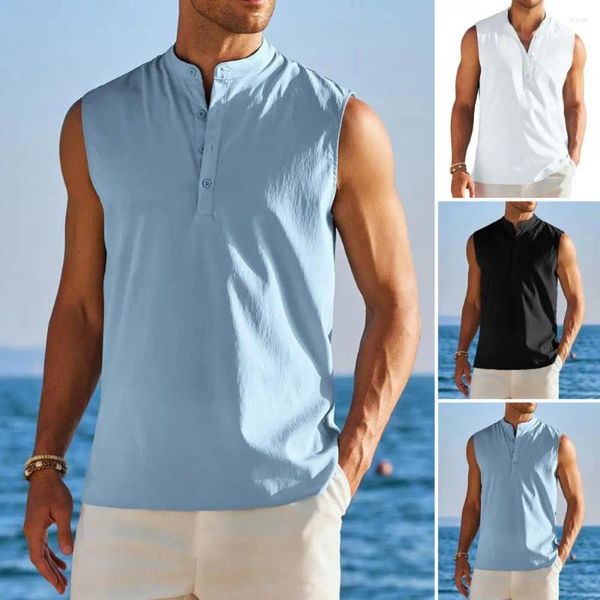 Camisas casuales para hombres Camisa para hombres Sin mangas Cuello de soporte Verano Slim Fit Chaleco transpirable Top para botones de uso diario