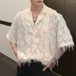 Hommes chemises décontractées hommes chemise solide gland Transparent revers manches courtes hauts été Streetwear coréen Sexy frange LGBT unisexe Blouse