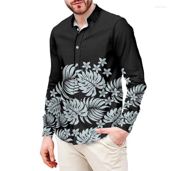 Camisas informales para hombre, camisa para hombre, Top Polynesian Tribal Grey Plumeria Leaves Print, venta personalizada, manga larga para camisa abotonada, Quin22 para hombre