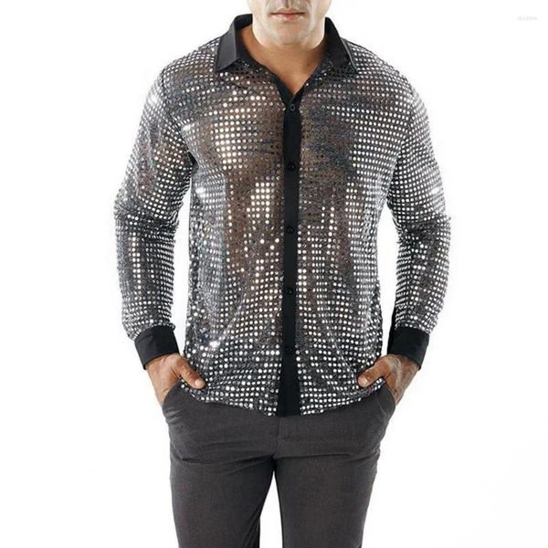 Camisas casuales para hombres Camisa para hombres Vintage 70s Lentejuela Solapa Disco Party con Slim Fit Acabado brillante brillante para el rendimiento del club