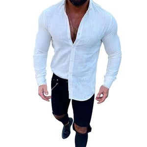 Camisas casuales para hombres Camisa para hombres con botón Moda Manga larga Sólido Blanco Amarillo Slim Fit274u