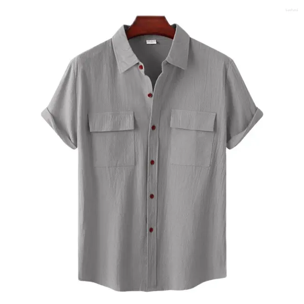 Camisas casuales para hombres Hombres Ropa de lino de manga corta 2023 Verano Caqui Blusa roja Vintage Harajuku Tops Hombre Soporte Camisa de bolsillo
