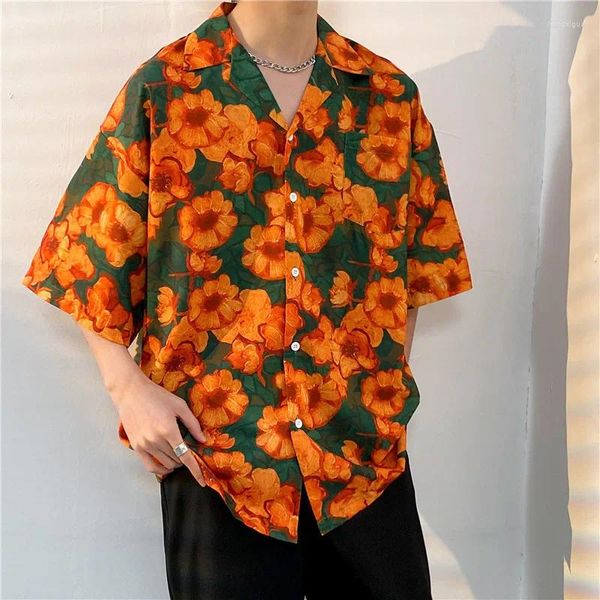 Camisas casuales para hombres Hombres Manga corta suelta Vintage Harajuku Playa Floral Impreso Streetwear Machos Tops Coreano Estilo All-Match Trendy