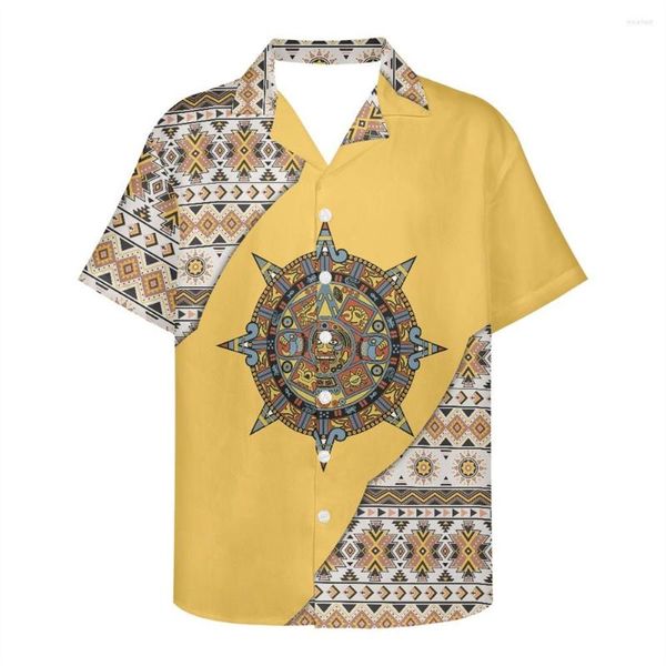 Camisas casuales para hombres Hombres Slim Fit Camisa Patrón azteca Ropa Imprimir bajo demanda Personalice su moda Verano Playa de manga corta para amarillo