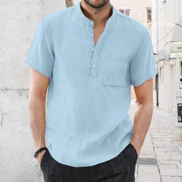 Chemises décontractées pour hommes Hommes Chemise de couleur unie Chemise à manches courtes Boutonnée avec col montant Poche poitrine Travail d'affaires pour l'été