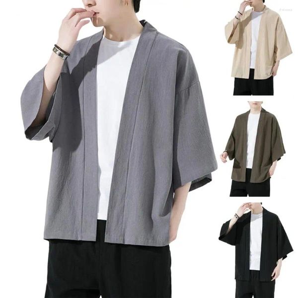 Chemises décontractées pour hommes Chemises de couleur unie de style chinois avec trois manches en tissu respirant doux à manches