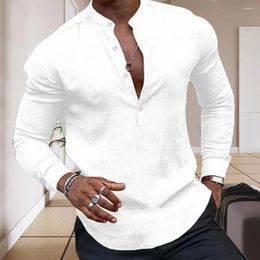 Camisas casuais masculinas homens primavera outono camisa henry pescoço cor sólida manga longa slim fit pulôver botão decoração suave respirável negócios diário