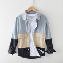 Mannen Casual Shirts Mannen Lente Zomer Mode Korea Japan Stijl Eenvoudige Lange Mouw Patchwork Shirt Mannelijke Business Vintage Blou207f