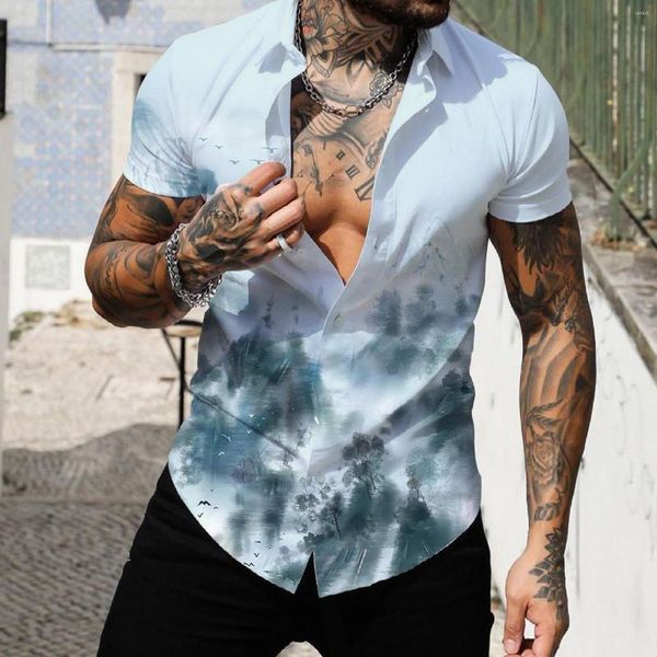 Camisas casuales para hombres Hombres Primavera Verano Solapa de un solo pecho Impresión completa Playa Manga corta Vacaciones al aire libre Hombre Blanco Térmico Largo