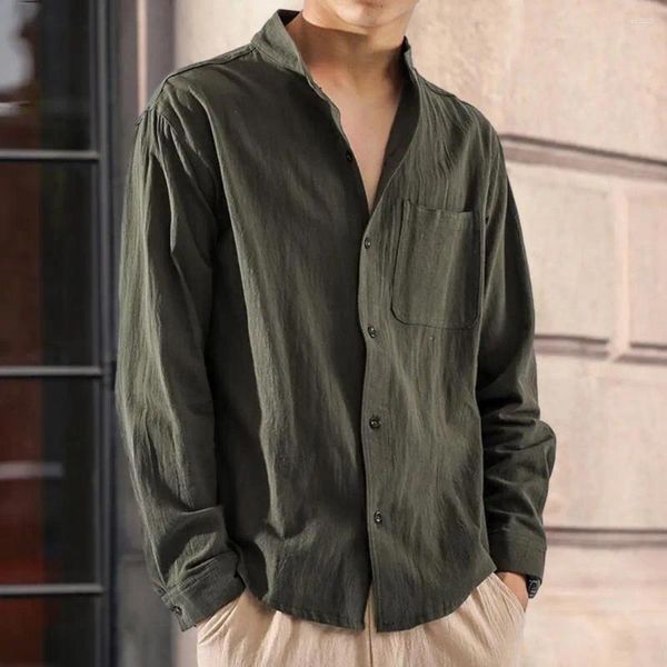 Chemises décontractées pour hommes Men de pied Collier à manches longues Shirts Tops Pocket Pocket Single Breasted Color Streetwear Loose Fit