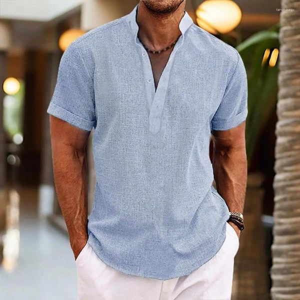Camisas casuales para hombres Hombres Camisa de cuello de pie con cuello en V Top con estilo Verano con soporte Tela transpirable Jersey Diseño para usar