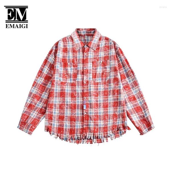 Chemises décontractées pour hommes Streetwear Fashion Labré Broken Edge Plaid Red Saigne Longue Femme Chirt Boys Filles Y2k Vêtements Unisexe Blouses