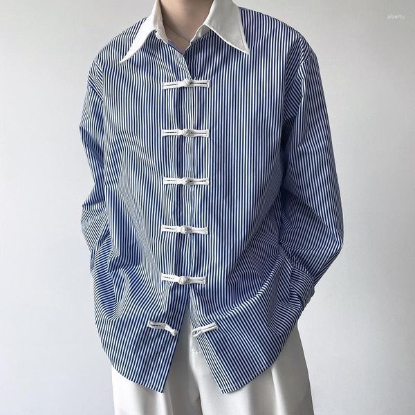 Chemises décontractées pour hommes Hommes Chemise à rayures Bouton chinois Revers à manches longues Blouse Streetwear Automne Minimaliste Lâche Unisexe