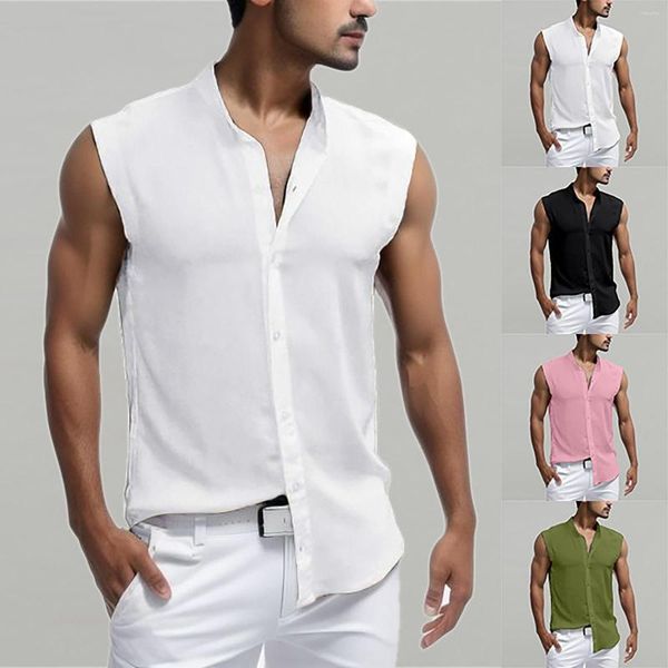 Hommes chemises décontractées hommes Summe débardeurs coton lin sans manches bouton ample col en v hawaïen mâle Streetwear Blusa
