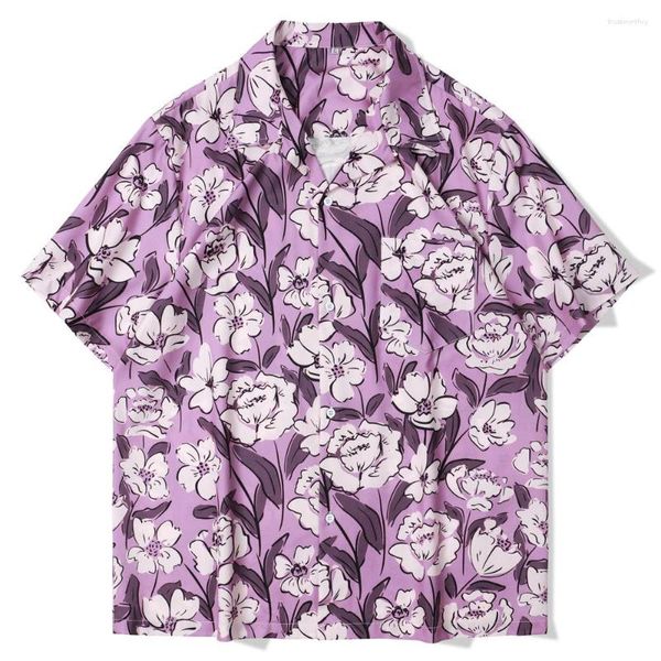 Chemises décontractées pour hommes hommes Summer Purple Floral Print Shirt Vêtements Streetwear Sorcs à manches courtes