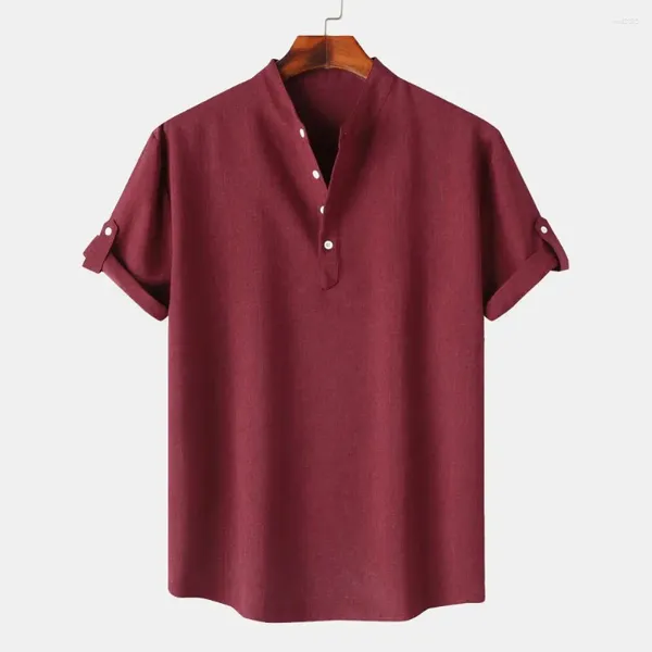 Chemises décontractées pour hommes Chemise d'été pour hommes Couleur unie Manches courtes Col montant semi-ouvert Doux respirant avec bouton de manchette Coupe ajustée