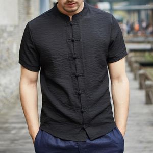 Camisas informales para hombre, camisa de verano para hombre, cuello levantado, manga corta, botones de nudo ajustados, ropa tradicional china, Top de estilo Vintage