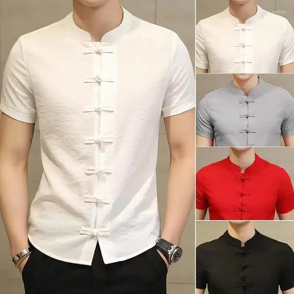 Chemises décontractées pour hommes Men de chemise d'été Collier à manches courtes Couleurs solides Couleur Slim Fit Boutons chinois Traditionnel