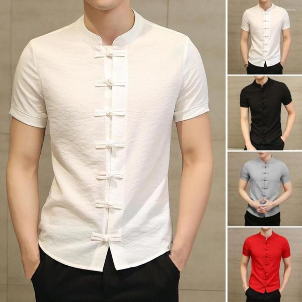 Chemises décontractées pour hommes Chemise d'été pour hommes Col montant Manches courtes Couleur unie Slim Fit Noeud Boutons Vêtements quotidiens Vêtements traditionnels chinois