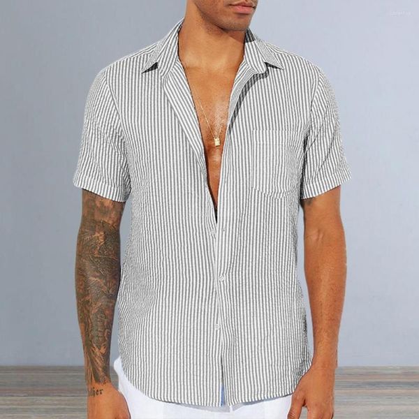 Chemises décontractées pour hommes Chemise d'été pour hommes Chemise rayée à manches courtes à revers unique Plage Patch Pocket Top