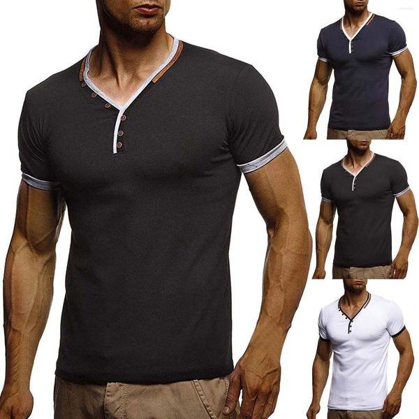 Camisas informales para hombre, camiseta deportiva de manga corta de verano para hombre, camiseta con botones y cuello en V, camisetas deportivas de compresión muscular ajustadas, Blusa