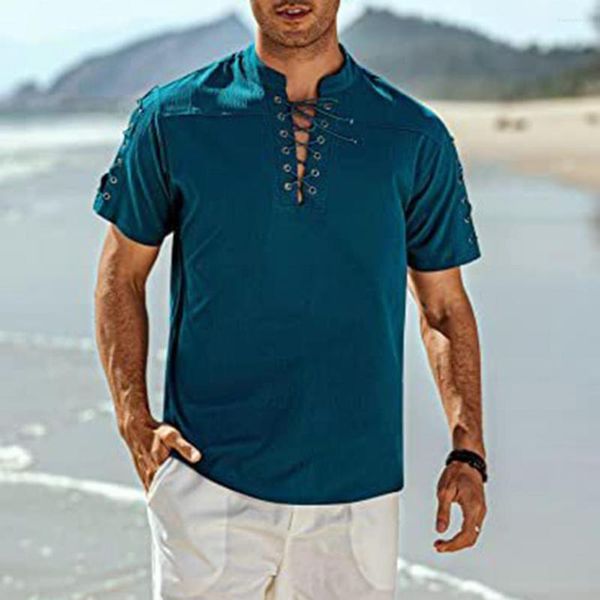 Chemises décontractées pour hommes T-shirt d'été pour hommes Col en V Col montant à lacets Multi Strap Couleur unie Match Pantalon Pull mi-long Beachwear Top