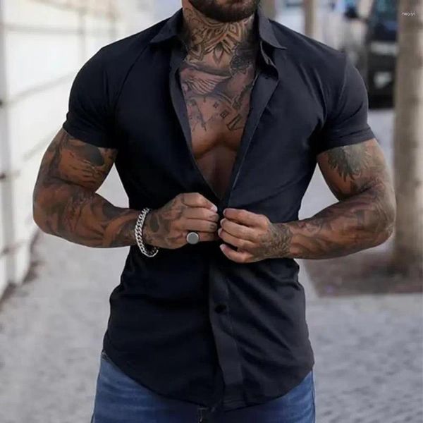 Chemises décontractées pour hommes Hommes Summer Slim Shirt Élégant Slim Fit avec col rabattu Manches courtes Design à simple boutonnage pour formel