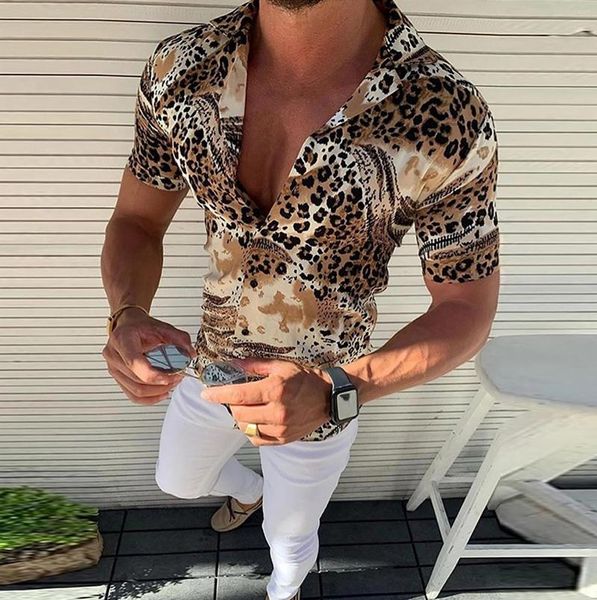 Chemises décontractées pour hommes Hommes Summer Tops Modèle Chemise 2023 Manches courtes Léopard Imprimé Blouse Simple Boutonnage Sexy Hommes Vêtements